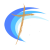 Abstract circular logo with blue swooshes and an orange brush-stroke cross